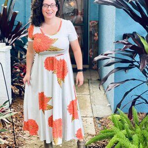 Plus Size LuLaRoe Riley Dress in Grey Stripe with Orange Floral Detail 2X